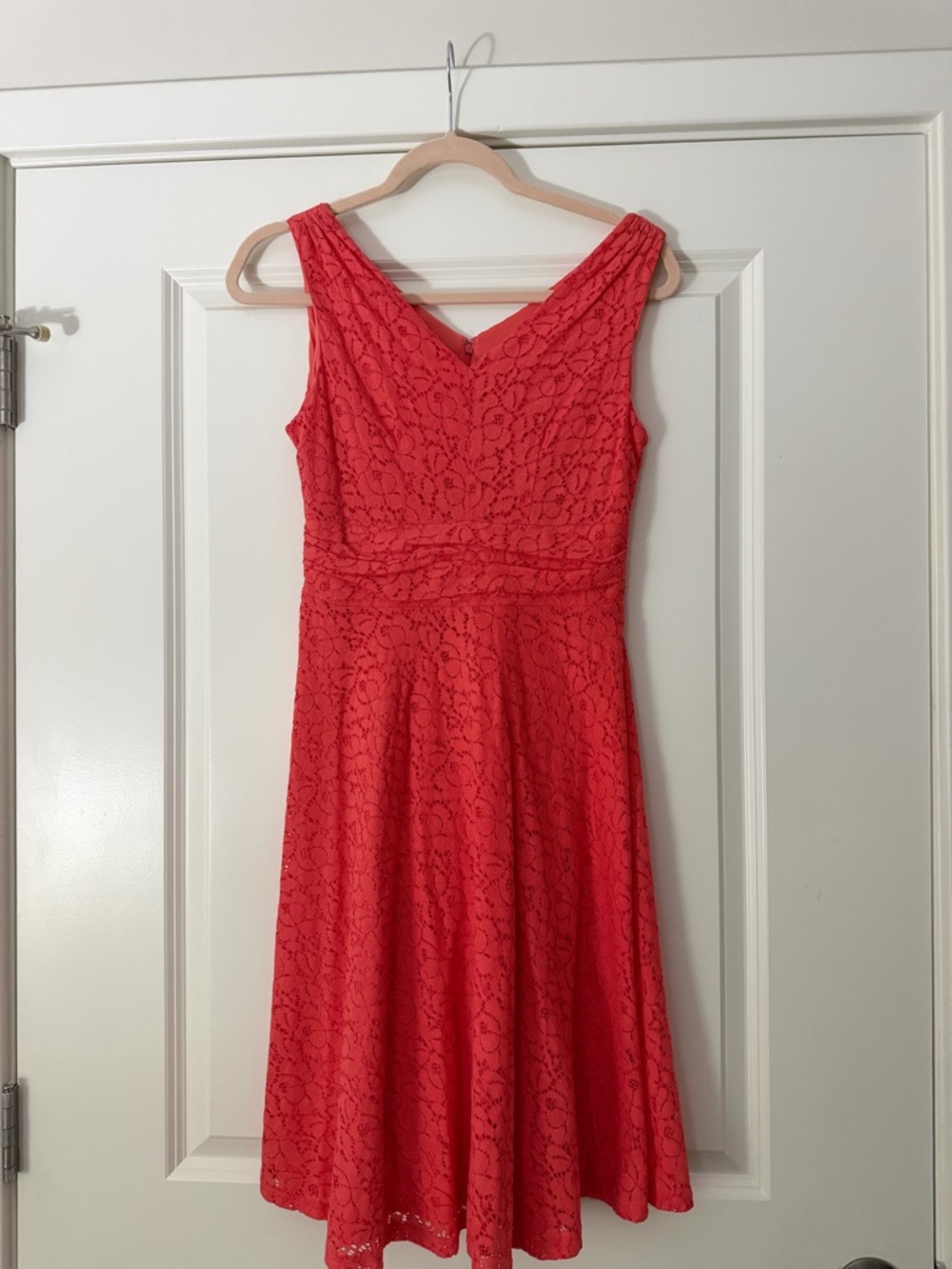 Sleeveless Coral Pink Lace Midi Dress with V-Neck